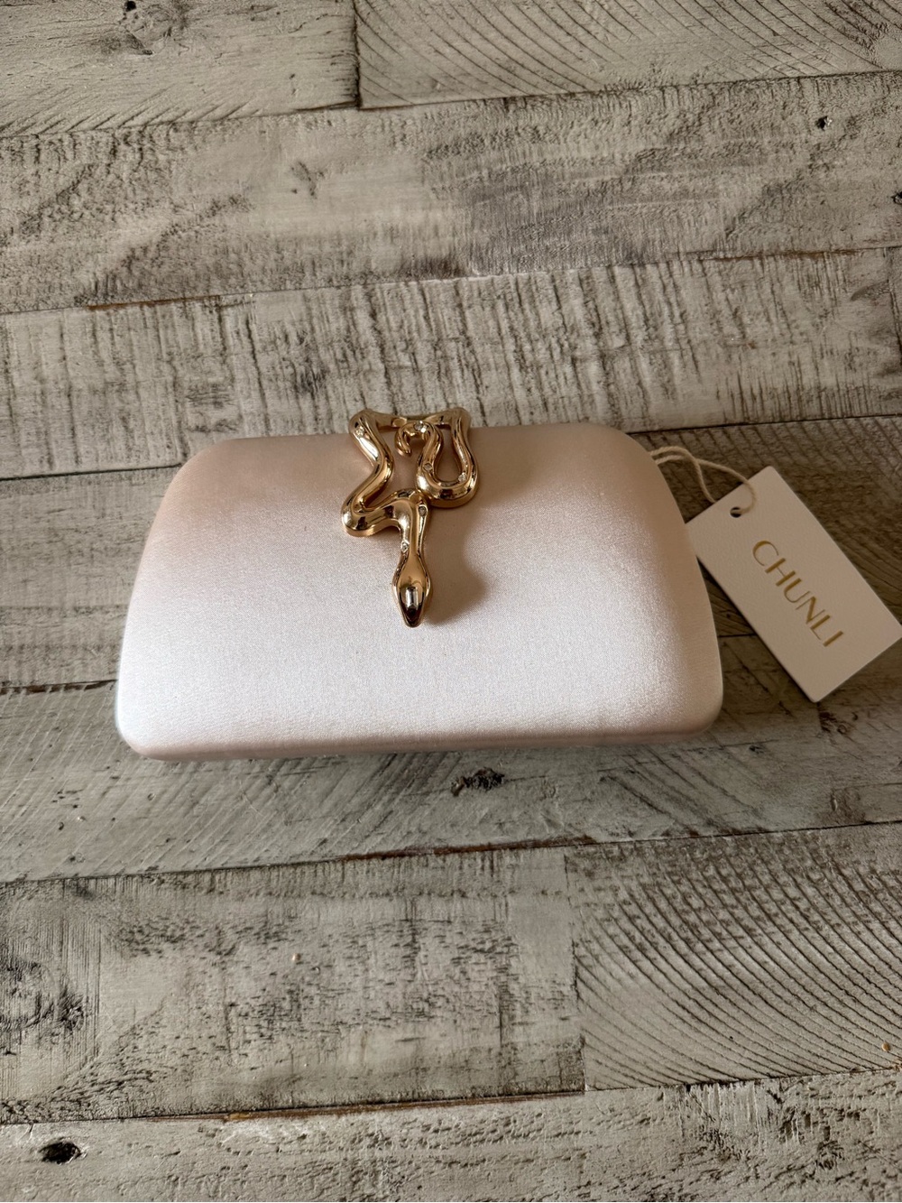 Chunli Ivory Satin Clutch with Gold Accent NWT